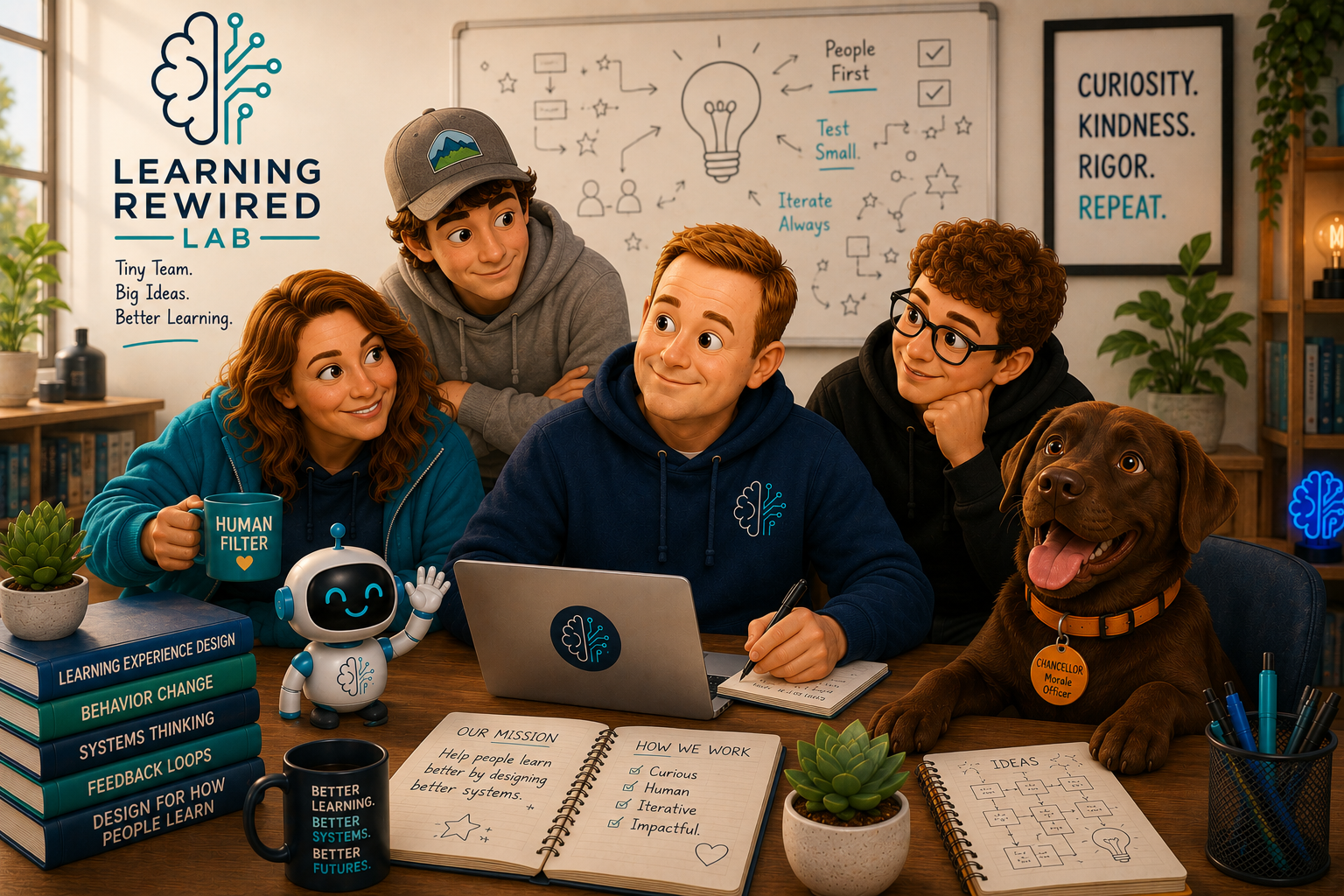A playful 3D illustration of the Learning Rewired Lab advisory board gathered in a warm studio with Andy, Sheila, Preston, Jackson, Chancellor the lab dog, and a small robot assistant.