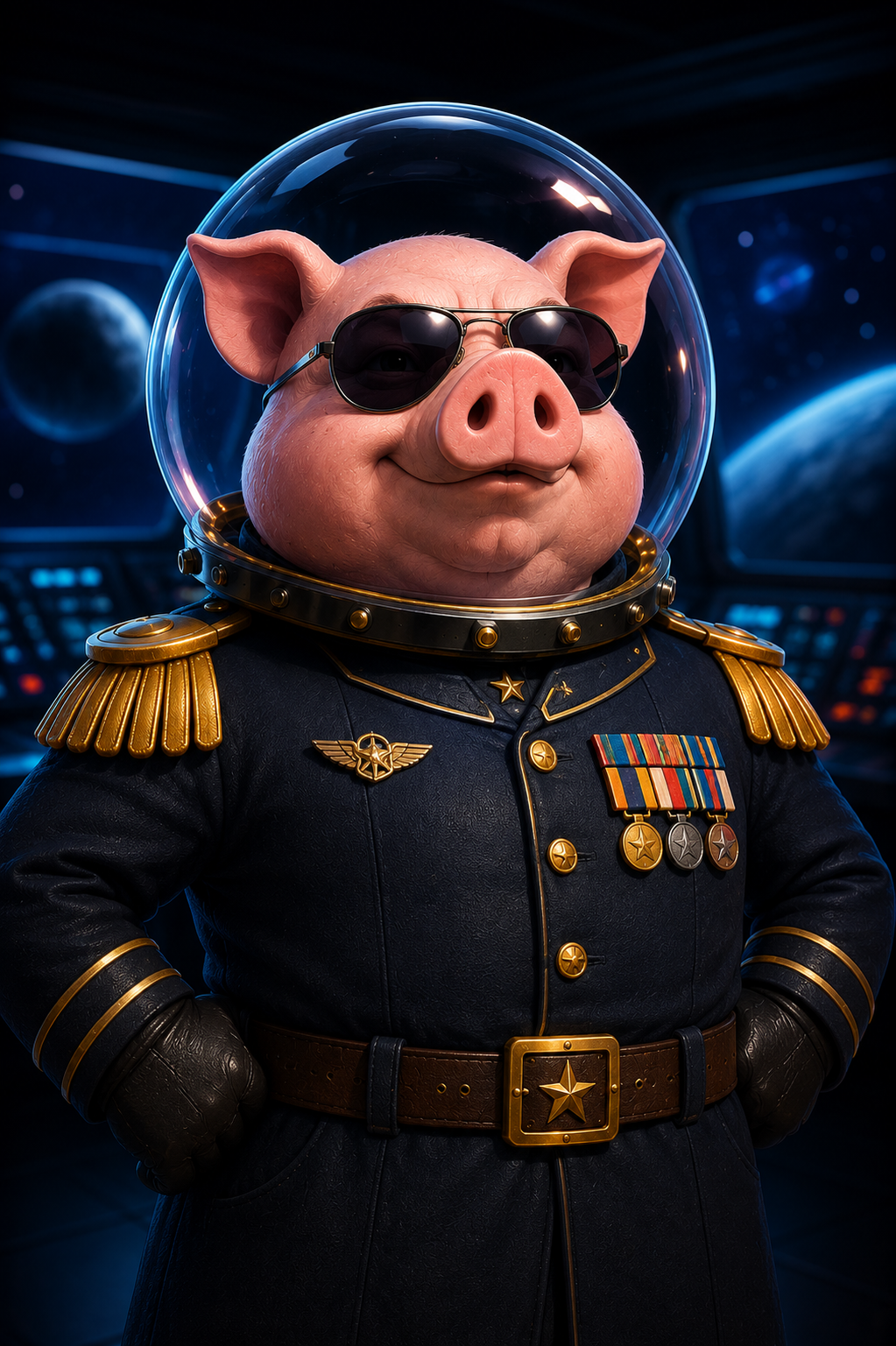 Commander Snort, a confident COSMOS pig anomaly in a space command uniform
